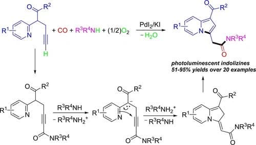 Synthesis and Photochemical Characterization of Indolizine Fluorophores Obtained by a Multicomponent Palladium Iodide−Catalyzed Oxidative Aminocarbonylation Approach